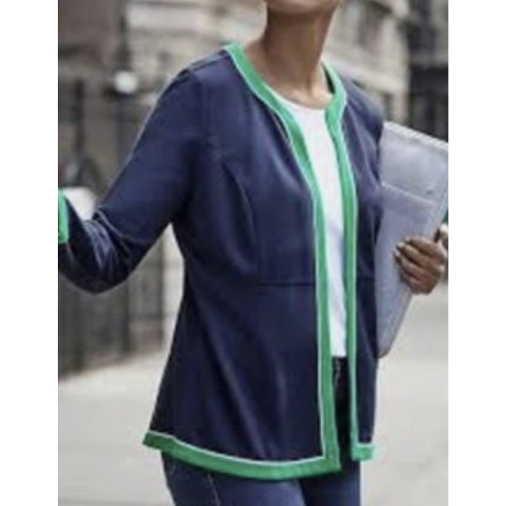 J. Jill Wearever Navy Blue Green Contrast Trim Jersey Knit Jacket Blazer L Large